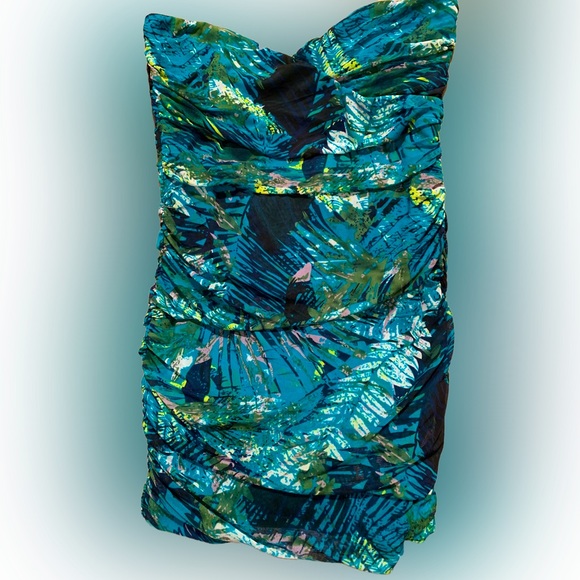 Tropical strapless summer stretchy sundress Turquoise sz L juniors. - Picture 2 of 6